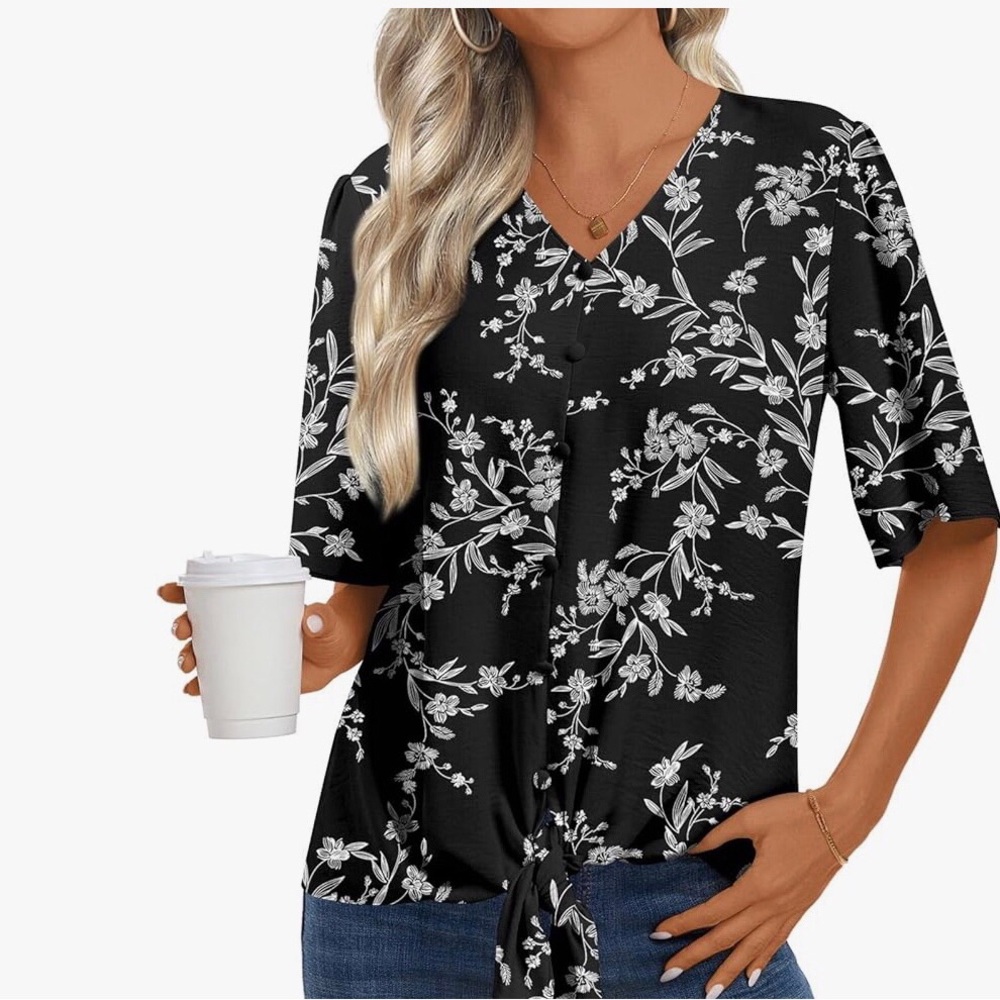 Floral Tie-Front Button V-Neck Top - Black